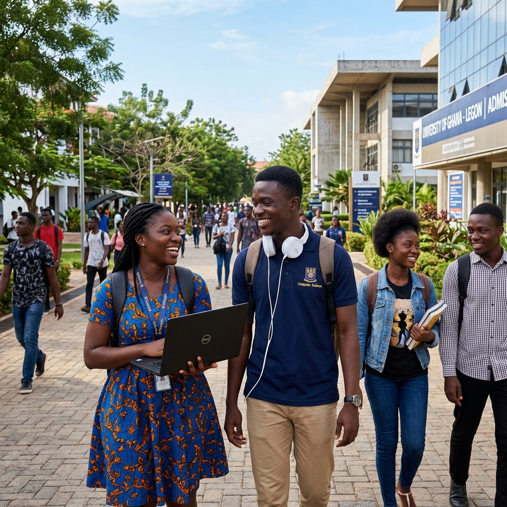 Ghanaian university students studying together on a sunny campus